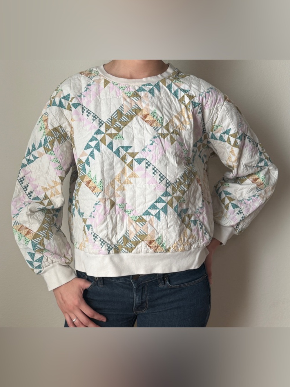 Universal Thread Cream Quilted Pullover with Teal Patchwork
